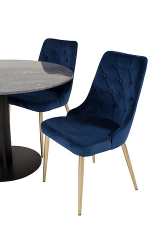 Estelle Matbord runt 106cm Grå Marmor / Svarta Ben - Velvet Deluxe Stol - Blå/Matt Mässing Ben 4