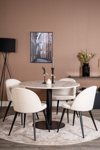Estelle runt Matbord - Svart / Vit marmor - ø106*H75+Velvet Dining Chair - Bla