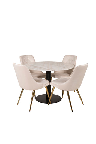 Estelle runt Matbord - Svart / Vit marmor - ø106*H75+Velvet Deluxe Dining Chair - Borstad mässingsben / Beige Velvet_4