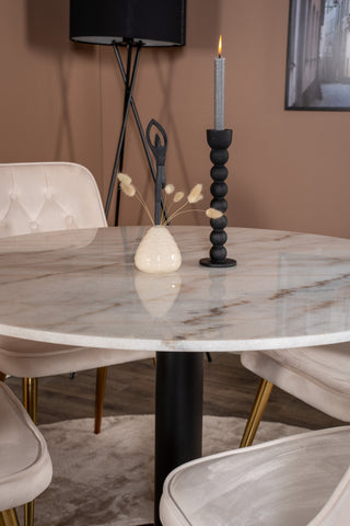 Estelle runt Matbord - Svart / Vit marmor - ø106*H75+Velvet Deluxe Dining Chair - Borstad mässingsben / Beige Velvet_4