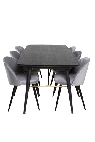 Venture Home Guld Förlängningsbord - 180/220*85*H76 Svart Faner - Svarta ben - Mässingsdetaljer+matsalsstol i sammet - Ljusgrå / Svart_6