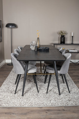 Venture Home Guld Förlängningsbord - 180/220*85*H76 Svart Faner - Svarta ben - Mässingsdetaljer+matsalsstol i sammet - Ljusgrå / Svart_6