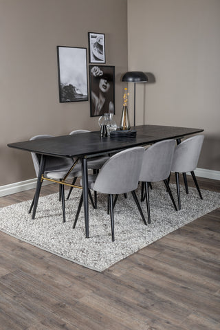 Venture Home Guld Förlängningsbord - 180/220*85*H76 Svart Faner - Svarta ben - Mässingsdetaljer+matsalsstol i sammet - Ljusgrå / Svart_6