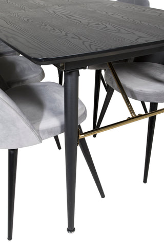 Venture Home Guld Förlängningsbord - 180/220*85*H76 Svart Faner - Svarta ben - Mässingsdetaljer+matsalsstol i sammet - Ljusgrå / Svart_6