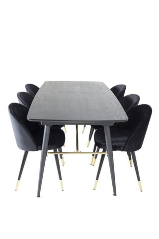 Venture Home Guld Förlängningsbord - 180/220*85*H76 Svart Faner - Svarta ben - Mässingsdetaljer+matsalsstol i sammet Mässing - Svart / Svart_6