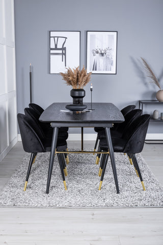 Venture Home Guld Förlängningsbord - 180/220*85*H76 Svart Faner - Svarta ben - Mässingsdetaljer+matsalsstol i sammet Mässing - Svart / Svart_6