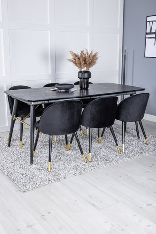 Venture Home Guld Förlängningsbord - 180/220*85*H76 Svart Faner - Svarta ben - Mässingsdetaljer+matsalsstol i sammet Mässing - Svart / Svart_6