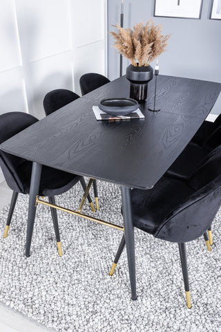 Venture Home Guld Förlängningsbord - 180/220*85*H76 Svart Faner - Svarta ben - Mässingsdetaljer+matsalsstol i sammet Mässing - Svart / Svart_6