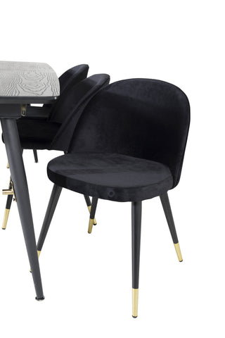 Venture Home Guld Förlängningsbord - 180/220*85*H76 Svart Faner - Svarta ben - Mässingsdetaljer+matsalsstol i sammet Mässing - Svart / Svart_6