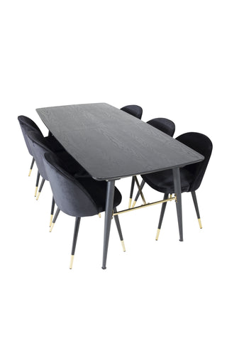 Venture Home Guld Förlängningsbord - 180/220*85*H76 Svart Faner - Svarta ben - Mässingsdetaljer+matsalsstol i sammet Mässing - Svart / Svart_6