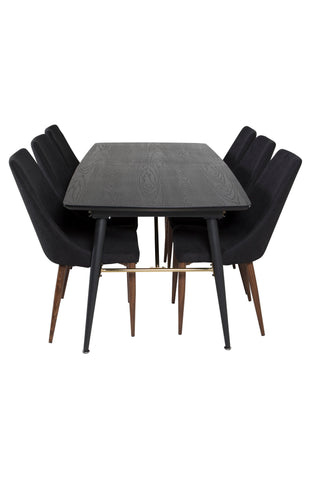 Venture Home Guld Förlängningsbord - 180/220*85*H76 Svart Faner - Svarta ben - Mässingsdetaljer+Leone Matstol - Valnötsben - Svart Tyg_6