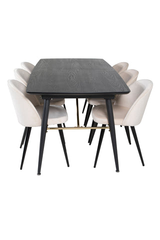 Venture Home Guld Förlängningsbord - 180/220*85*H76 Svart Faner - Svarta ben - Mässingsdetaljer+matsalsstol i sammet - Beige / Svart_6