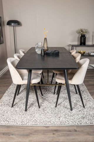 Venture Home Guld Förlängningsbord - 180/220*85*H76 Svart Faner - Svarta ben - Mässingsdetaljer+matsalsstol i sammet - Beige / Svart_6