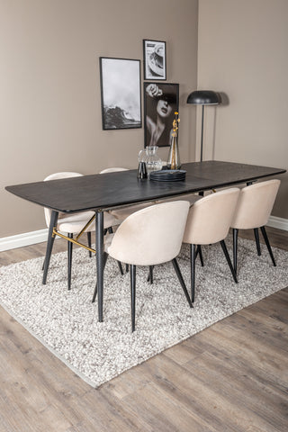Venture Home Guld Förlängningsbord - 180/220*85*H76 Svart Faner - Svarta ben - Mässingsdetaljer+matsalsstol i sammet - Beige / Svart_6