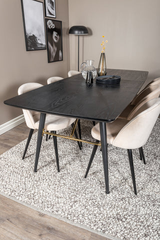 Venture Home Guld Förlängningsbord - 180/220*85*H76 Svart Faner - Svarta ben - Mässingsdetaljer+matsalsstol i sammet - Beige / Svart_6