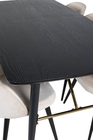 Venture Home Guld Förlängningsbord - 180/220*85*H76 Svart Faner - Svarta ben - Mässingsdetaljer+matsalsstol i sammet - Beige / Svart_6