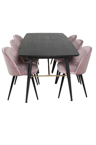 Venture Home Guld Förlängningsbord - 180/220*85*H76 Svart fanér - Svarta ben - Mässingsdetaljer+matsalsstol i sammet - Rosa / Svart_6
