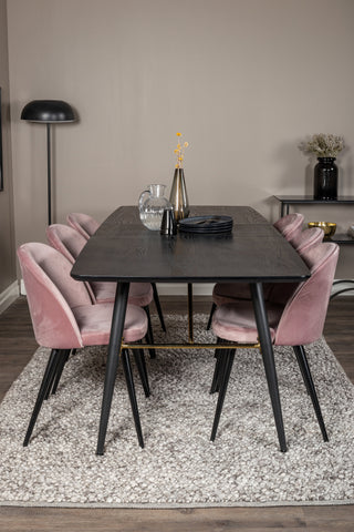 Venture Home Guld Förlängningsbord - 180/220*85*H76 Svart fanér - Svarta ben - Mässingsdetaljer+matsalsstol i sammet - Rosa / Svart_6