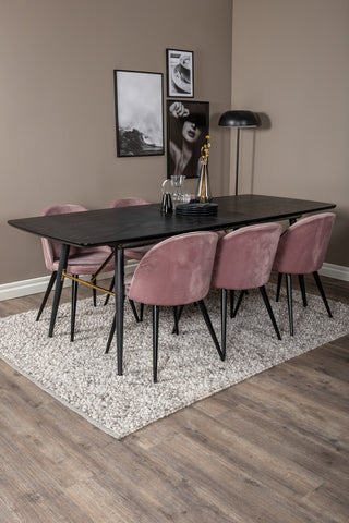 Venture Home Guld Förlängningsbord - 180/220*85*H76 Svart fanér - Svarta ben - Mässingsdetaljer+matsalsstol i sammet - Rosa / Svart_6