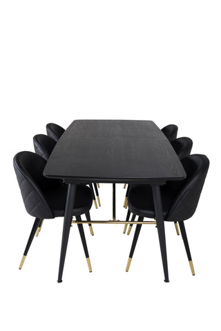 Venture Home Guld Förlängningsbord - 180/220*85*H76 Svart Faner - Svarta ben - Mässingsdetaljer+Velvet Dining Chair m. Stygn - PU - Svart / Svart_6