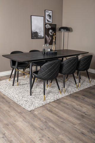 Venture Home Guld Förlängningsbord - 180/220*85*H76 Svart Faner - Svarta ben - Mässingsdetaljer+Velvet Dining Chair m. Stygn - PU - Svart / Svart_6