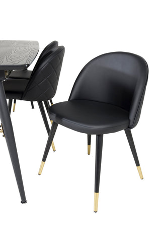 Venture Home Guld Förlängningsbord - 180/220*85*H76 Svart Faner - Svarta ben - Mässingsdetaljer+Velvet Dining Chair m. Stygn - PU - Svart / Svart_6