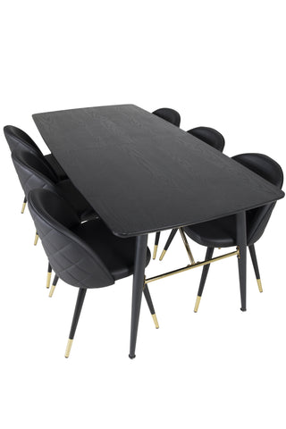 Venture Home Guld Förlängningsbord - 180/220*85*H76 Svart Faner - Svarta ben - Mässingsdetaljer+Velvet Dining Chair m. Stygn - PU - Svart / Svart_6