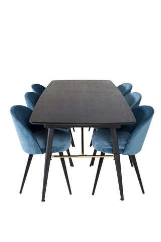 Venture Home Guld Förlängningsbord - 180/220*85*H76 Svart Faner - Svarta ben - Mässingsdetaljer+matsalsstol i sammet - Blå / Svart_6