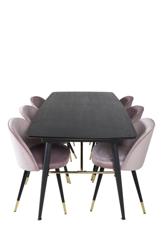 Venture Home Guld Förlängningsbord - 180/220*85*H76 Svart Faner - Svarta ben - Mässingsdetaljer+matsalsstol i sammet Mässing - Rosa / Svart_6