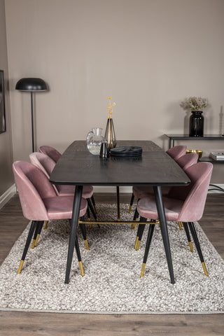 Venture Home Guld Förlängningsbord - 180/220*85*H76 Svart Faner - Svarta ben - Mässingsdetaljer+matsalsstol i sammet Mässing - Rosa / Svart_6