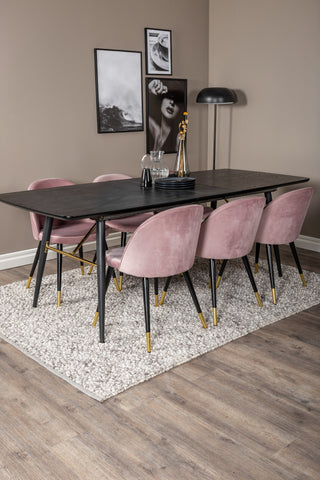 Venture Home Guld Förlängningsbord - 180/220*85*H76 Svart Faner - Svarta ben - Mässingsdetaljer+matsalsstol i sammet Mässing - Rosa / Svart_6
