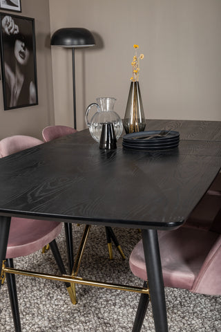 Venture Home Guld Förlängningsbord - 180/220*85*H76 Svart Faner - Svarta ben - Mässingsdetaljer+matsalsstol i sammet Mässing - Rosa / Svart_6