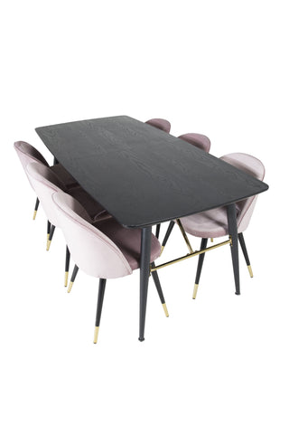Venture Home Guld Förlängningsbord - 180/220*85*H76 Svart Faner - Svarta ben - Mässingsdetaljer+matsalsstol i sammet Mässing - Rosa / Svart_6