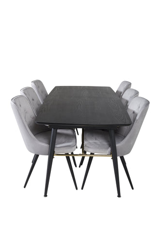 Venture Home Guld Förlängningsbord - 180/220*85*H76 Svart Faner - Svarta ben - Mässingsdetaljer+Velvet Deluxe Matstol - Ljusgrå / Svart_6