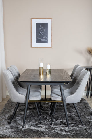 Venture Home Guld Förlängningsbord - 180/220*85*H76 Svart Faner - Svarta ben - Mässingsdetaljer+Velvet Deluxe Matstol - Ljusgrå / Svart_6