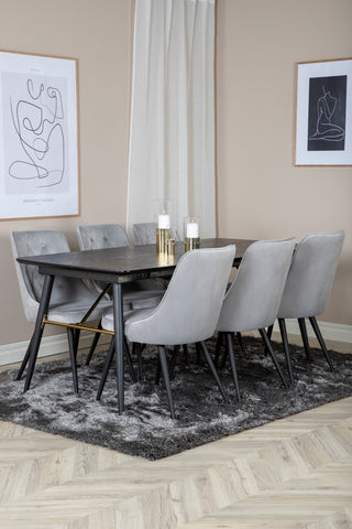 Venture Home Guld Förlängningsbord - 180/220*85*H76 Svart Faner - Svarta ben - Mässingsdetaljer+Velvet Deluxe Matstol - Ljusgrå / Svart_6