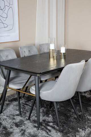 Venture Home Guld Förlängningsbord - 180/220*85*H76 Svart Faner - Svarta ben - Mässingsdetaljer+Velvet Deluxe Matstol - Ljusgrå / Svart_6