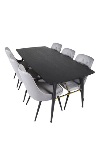 Venture Home Guld Förlängningsbord - 180/220*85*H76 Svart Faner - Svarta ben - Mässingsdetaljer+Velvet Deluxe Matstol - Ljusgrå / Svart_6
