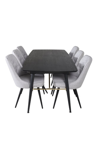 Venture Home Guld Förlängningsbord - 180/220*85*H76 Svart Faner - Svarta ben - Mässingsdetaljer+Velvet Deluxe Matstol - Svarta Ben - Ljusgrå Tyg_6
