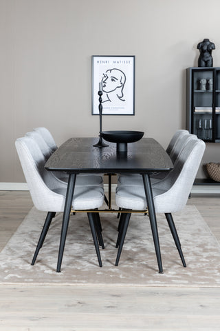 Venture Home Guld Förlängningsbord - 180/220*85*H76 Svart Faner - Svarta ben - Mässingsdetaljer+Velvet Deluxe Matstol - Svarta Ben - Ljusgrå Tyg_6