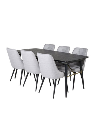 Venture Home Guld Förlängningsbord - 180/220*85*H76 Svart Faner - Svarta ben - Mässingsdetaljer+Velvet Deluxe Matstol - Svarta Ben - Ljusgrå Tyg_6