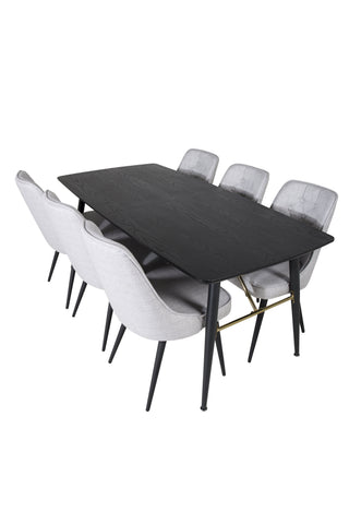 Venture Home Guld Förlängningsbord - 180/220*85*H76 Svart Faner - Svarta ben - Mässingsdetaljer+Velvet Deluxe Matstol - Svarta Ben - Ljusgrå Tyg_6