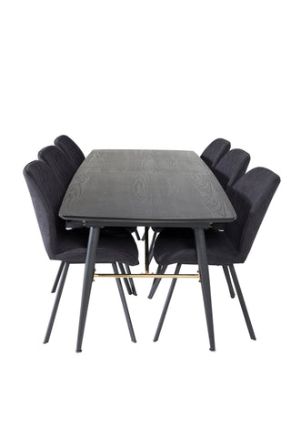 Venture Home Guld Förlängningsbord - 180/220*85*H76 Svart Faner - Svarta ben - Mässingsdetaljer+Gemma Matstol - Svarta Ben - Svart Tyg_6