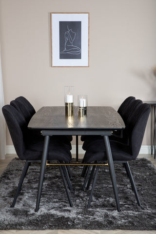 Venture Home Guld Förlängningsbord - 180/220*85*H76 Svart Faner - Svarta ben - Mässingsdetaljer+Gemma Matstol - Svarta Ben - Svart Tyg_6