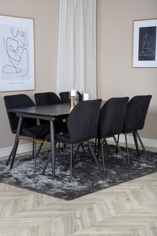 Venture Home Guld Förlängningsbord - 180/220*85*H76 Svart Faner - Svarta ben - Mässingsdetaljer+Gemma Matstol - Svarta Ben - Svart Tyg_6