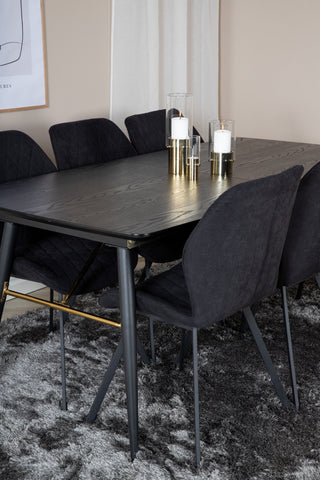 Venture Home Guld Förlängningsbord - 180/220*85*H76 Svart Faner - Svarta ben - Mässingsdetaljer+Gemma Matstol - Svarta Ben - Svart Tyg_6