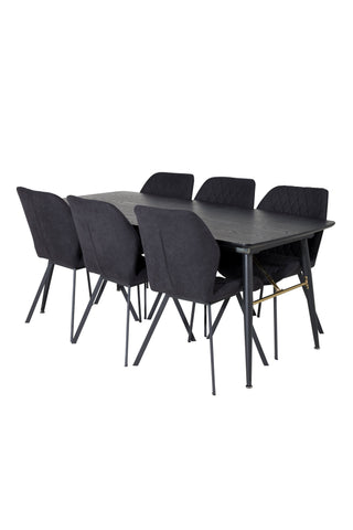 Venture Home Guld Förlängningsbord - 180/220*85*H76 Svart Faner - Svarta ben - Mässingsdetaljer+Gemma Matstol - Svarta Ben - Svart Tyg_6