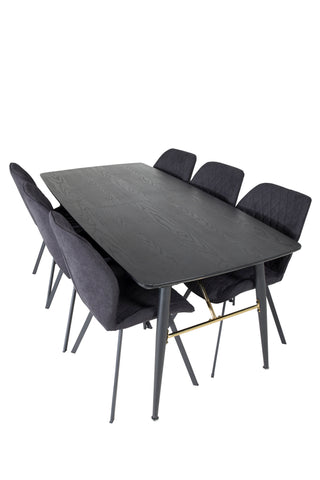 Venture Home Guld Förlängningsbord - 180/220*85*H76 Svart Faner - Svarta ben - Mässingsdetaljer+Gemma Matstol - Svarta Ben - Svart Tyg_6