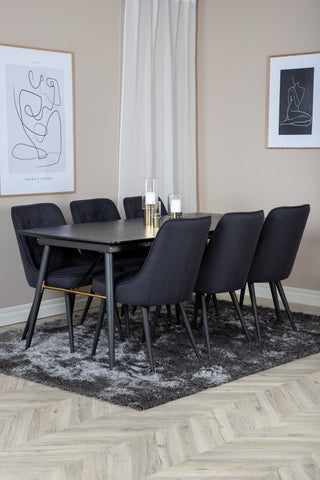 Venture Home Guld Förlängningsbord - 180/220*85*H76 Svart Faner - Svarta ben - Mässingsdetaljer+Velvet Deluxe Matstol - Svarta Ben - Svart Tyg_6