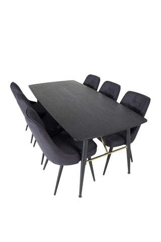 Venture Home Guld Förlängningsbord - 180/220*85*H76 Svart Faner - Svarta ben - Mässingsdetaljer+Velvet Deluxe Matstol - Svarta Ben - Svart Tyg_6